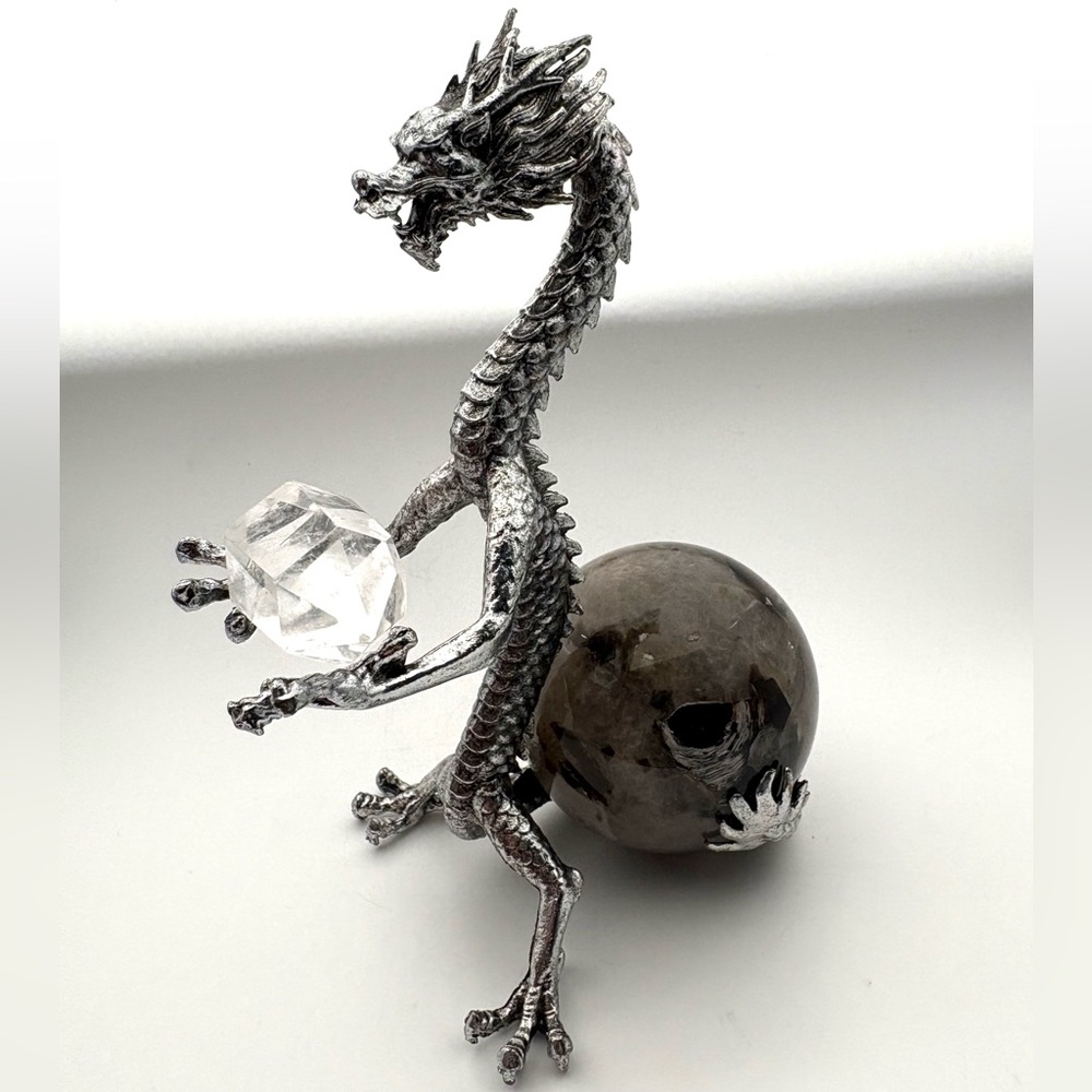 Metal Dragon Stand with Clear Quartz Crystal & Green Tourmaline Crystal Sphere
